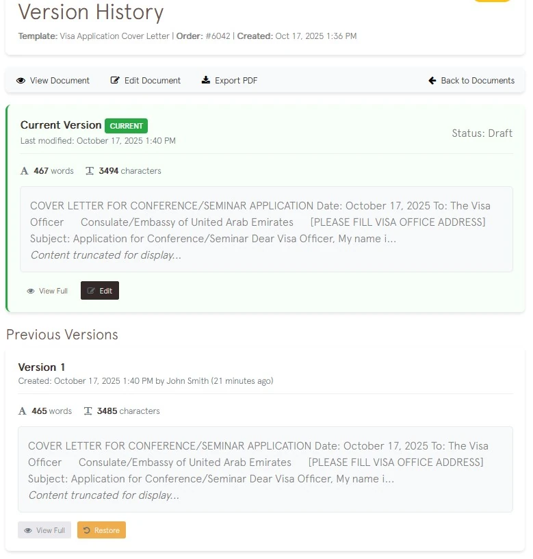 Version History Interface