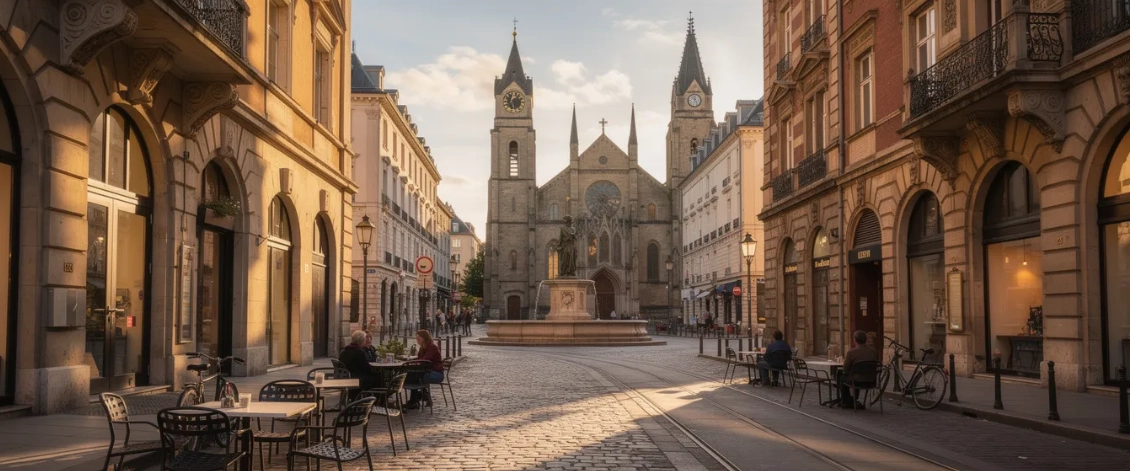 The image depicts a picturesque European cityscape featuring historic architecture, with charming buildings that showcase intricate designs and rich cultural heritage. As international travelers explore such destinations, having adequate travel insurance is essential for peace of mind, especially to cover unexpected medical expenses or emergencies during their trip.